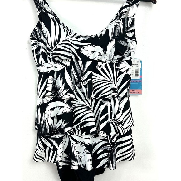 Swim Solutions Feather Bloom Black White Triple Tier One Piece Swimsuit Sz 8 - Picture 6 of 12